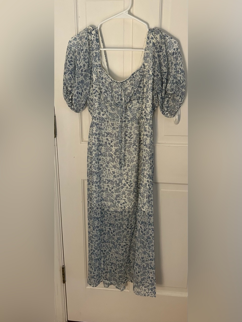 Sienna Sky Blue and White Floral Maxi Dress with Puff Sleeves
